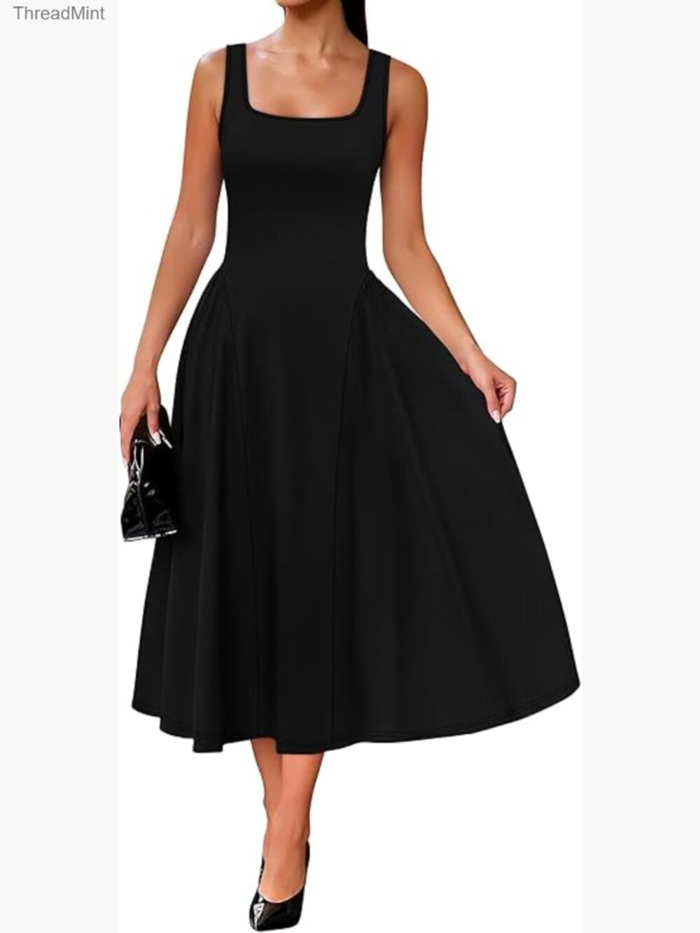 Square Neck Corset A-Line Maxi Dress Ruffle Ruched Waist Midi - Picture 1 of 7